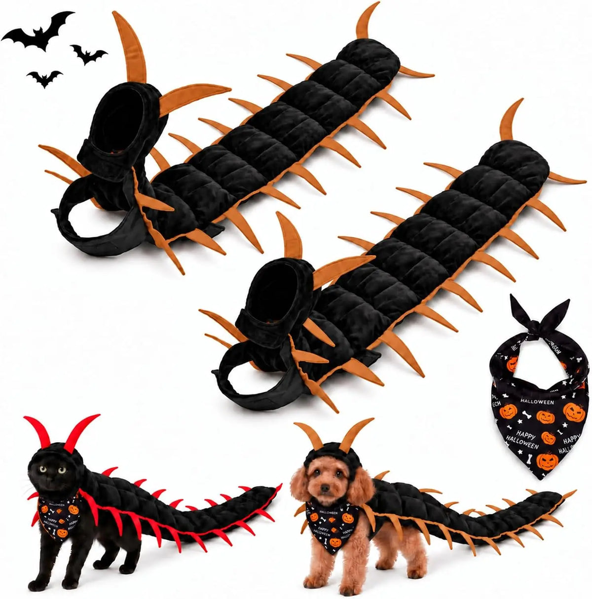 Halloween Centipede Pet Costumes for Cat & Dog 50'' 3D Cosplay Clothes,Halloween Themed Pet Wear Photo Prop for Outdoor - Curl and Collar
