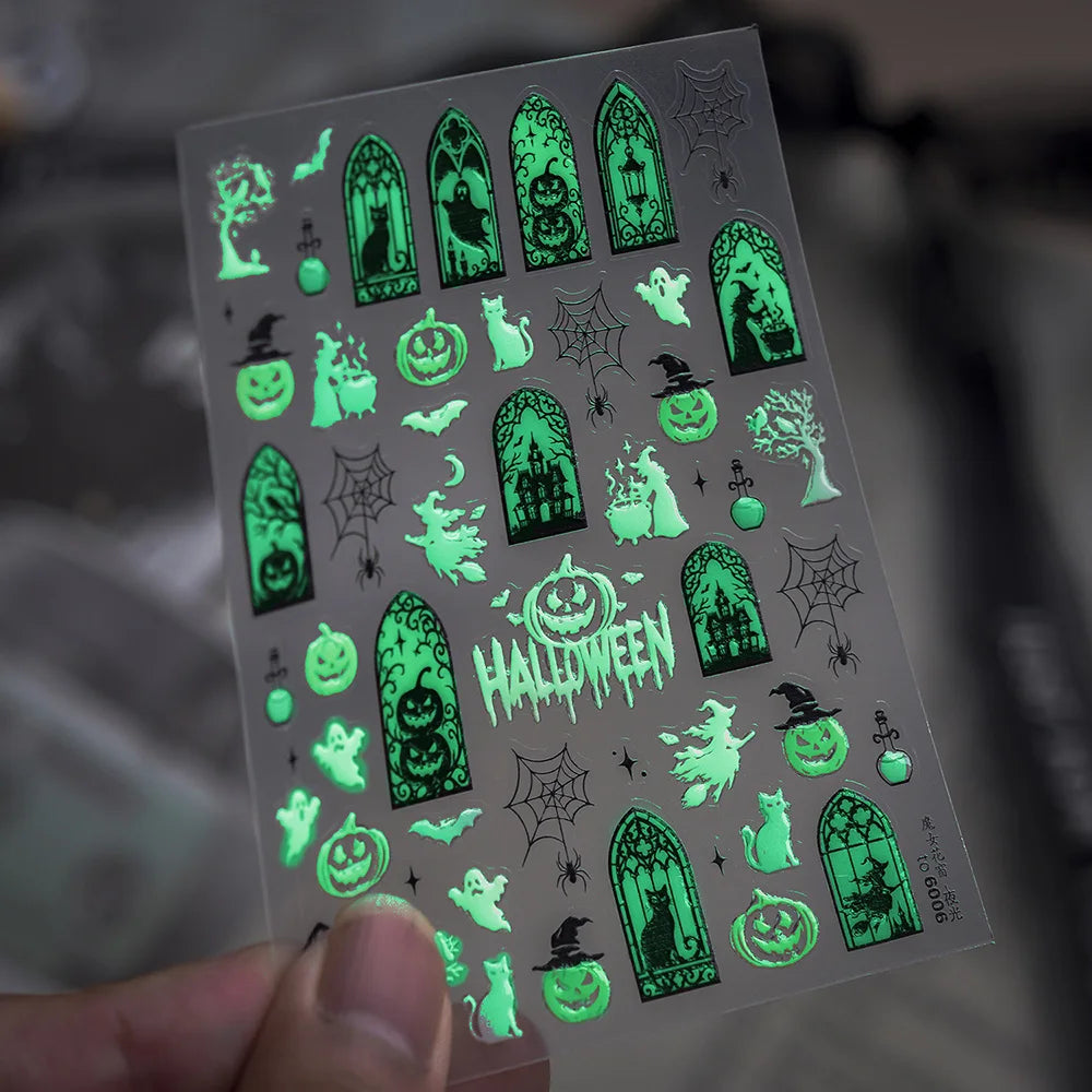 5D Embossed Halloween Nail Stickers Self‑Adhesive Nail Decals with Ghost Pumpkin Cat Mushroom Patterns Gold‑Trim Manicure Slider
