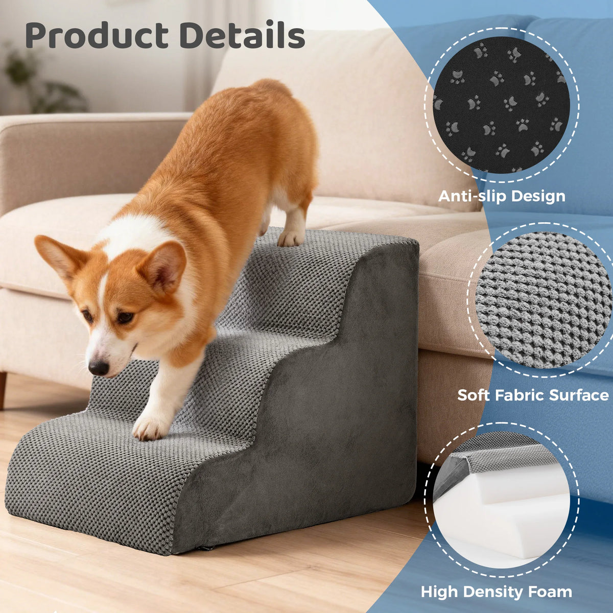 JHK 3-5 Step High-Density Foam Dog Stairs Ramp for Small Dogs Curved Pet Dog Steps Indoor Non-Slip Pet Ladder Ramp Stairs - Curl and Collar