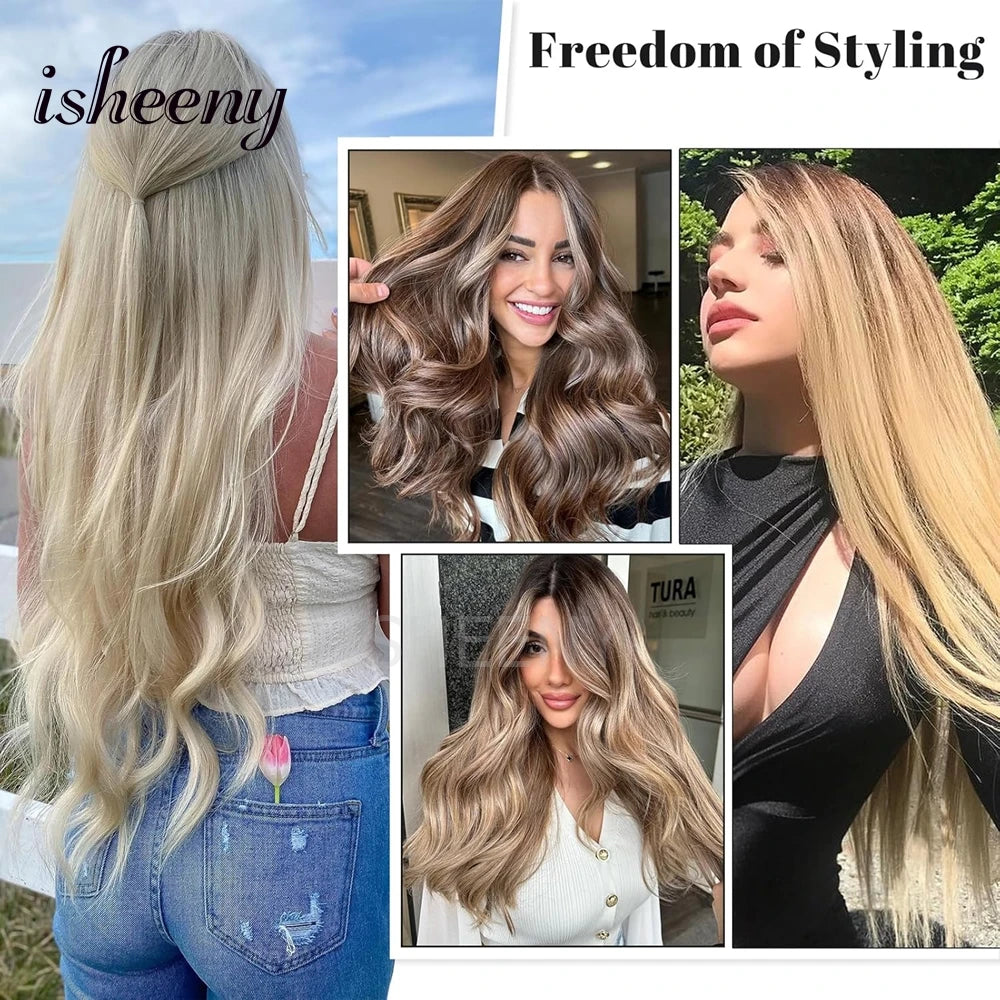 12"-20" Clip In Human Hair Extensions Blonde Natural Brazilian Remy Natural Clip Human Hair Extension Real Clip On 7pcs/set - Curl and Collar