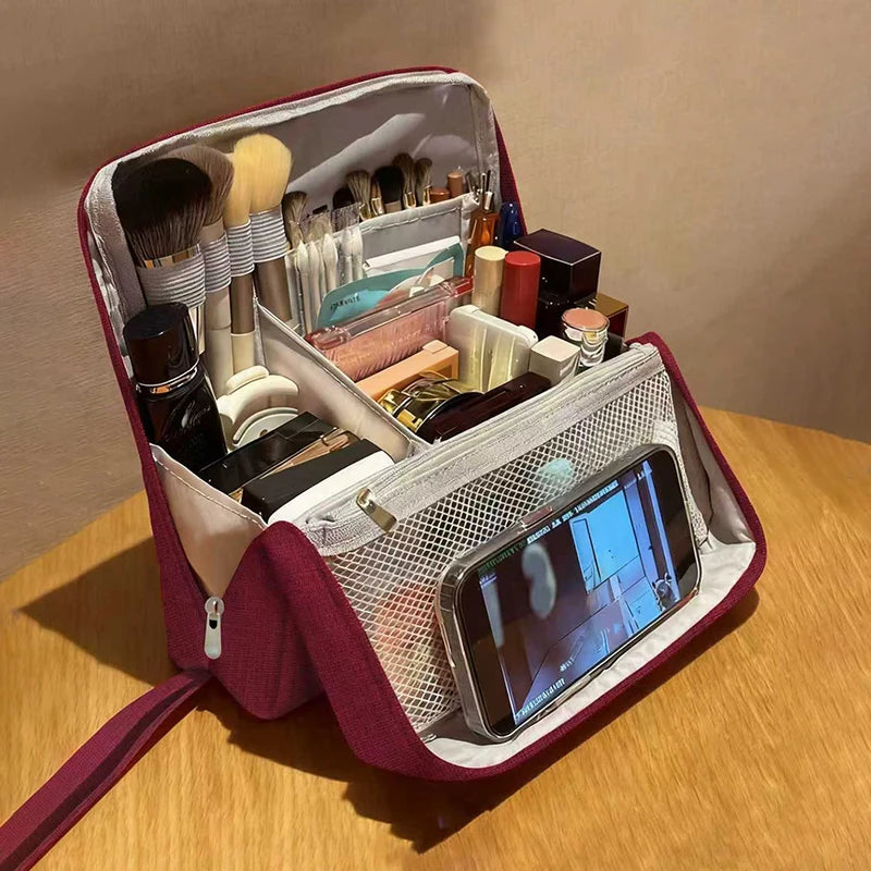 Large-capacity Portable Cosmetic Bag Vertical Desktop Storage Multifunctional Cosmetic Storage Bag Stationery Pen Storage Bag - Curl and Collar