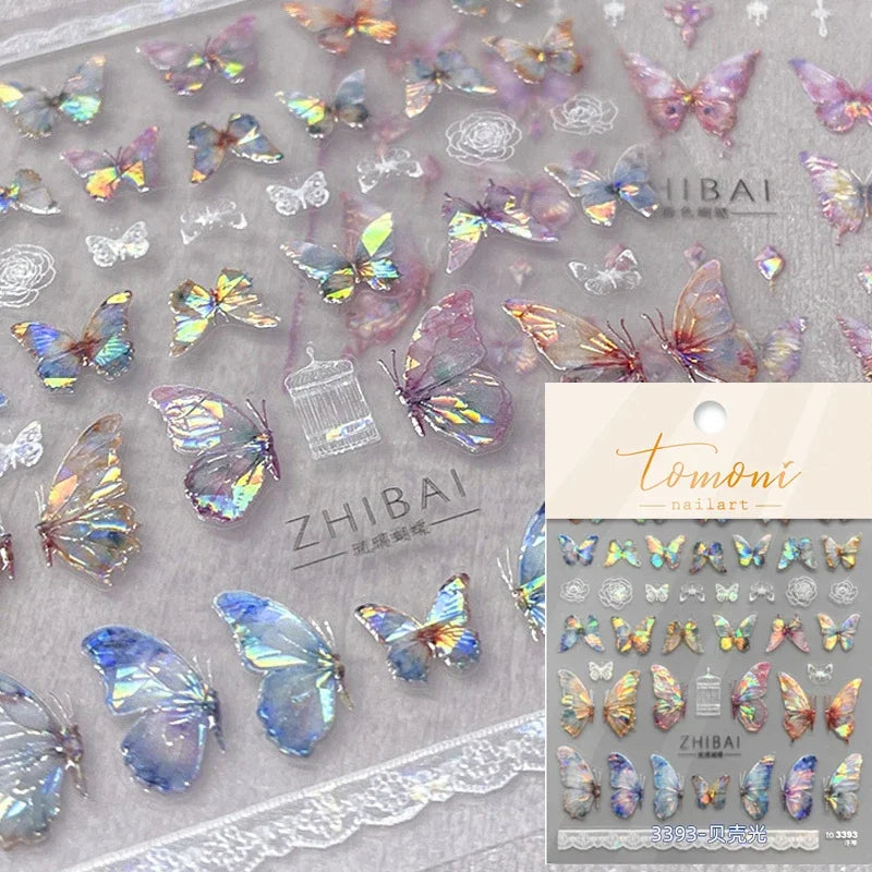 1pcs 5D Luxury Kawaii Butterfly Nail Stickers Japanese Glitter Shell Aurora Nail Art Decorations Decals DIY Manicure Slider Foil - Curl and Collar