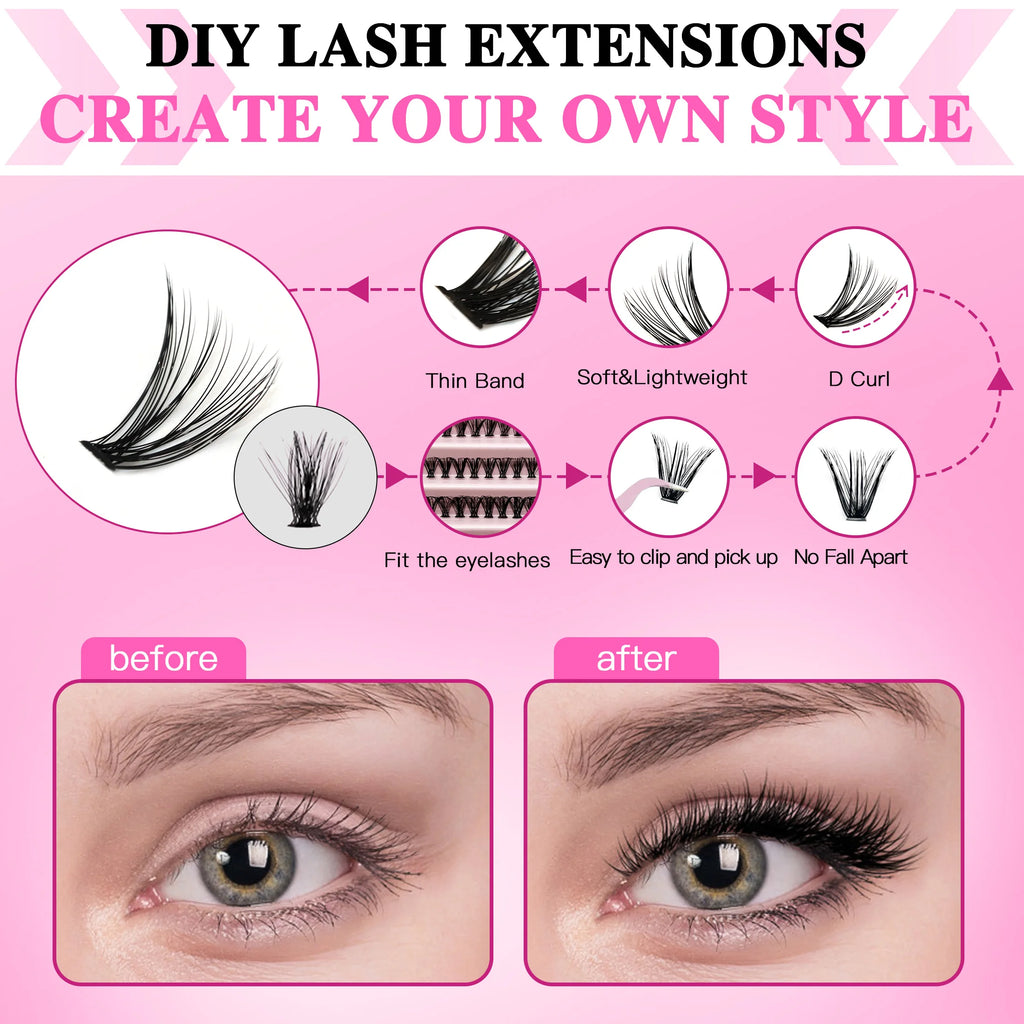 LASHVNNA Lash Clusters Kit With Waterproof Strong Hold DIY Lash Extension Kit Lash Bond And Seal And Eyelash Tweezers Makeup - Curl and Collar