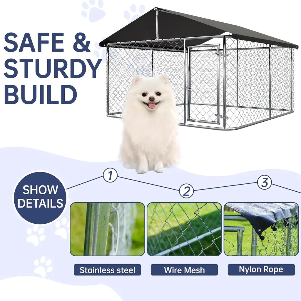 Outdoor Dog Enclosure Heavy Duty Dog Kennel House Mesh Dog Big Cage Pet Kennel Steel Fence with Secure Lock(6.56'x 6.56') - Curl and Collar