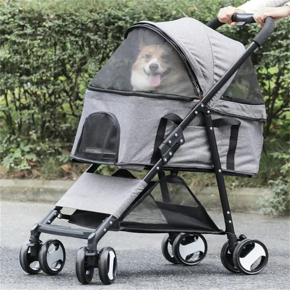 Pet Dog Stroller Foldable Travel Carrier Strolling Cart Cat Dog Pushchair Jogger Dog Pram Cat Buggy with 4 Wheels and Rain Cover - Curl and Collar