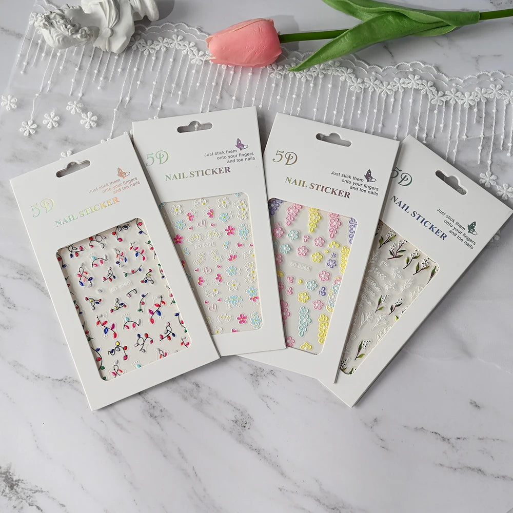 5D Pink Blue Floral Nail Art Stickers Petals Leaf Plant Embossed Nail Decals Spring Summer Flower Design for DIY Nail Supplies - Curl and Collar