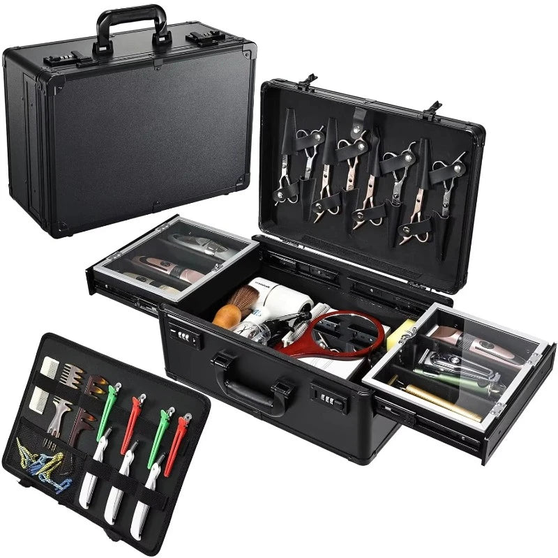 Barber Case 6 Clippers Sliding Tray Stylist Hairdressing Tool Box Clipper Trimmer Organizer Metal Storage Box Portable Suitcase - Curl and Collar