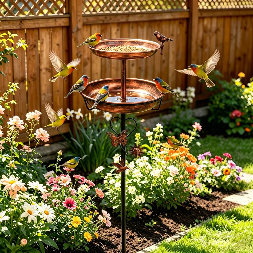 Outdoor Double-Layer Bird Feeder Birdbaths Bowl Freestanding Bird Bath Stand for Garden Yard Patio Decor with 5-Pronged Base - Curl and Collar