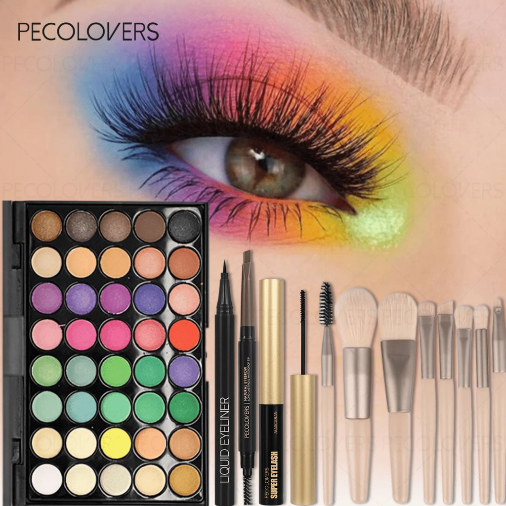 12PCS All-in-One Eye & Brow Makeup Set, 40 Shades Vibrant Color Eyeshadow Palette, Natural 3D Eyebrow Pencil, Quick-Dry Liquid Eyeliner, Volumizing Curling Mascara with Makeup Brushes, Waterproof Sweat-proof, Blendable Matte - Curl and Collar