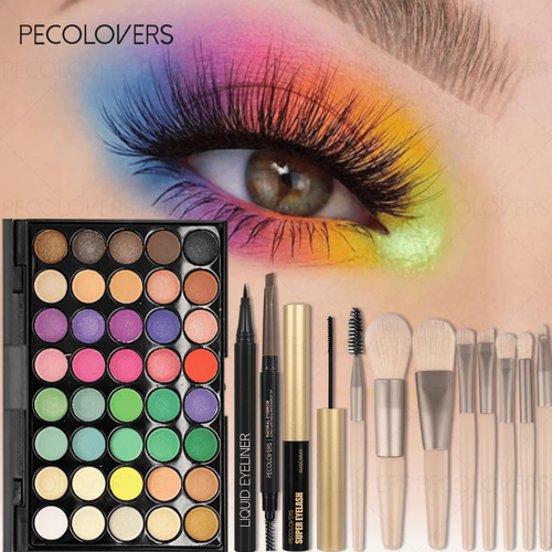 12PCS All-in-One Eye & Brow Makeup Set, 40 Shades Vibrant Color Eyeshadow Palette, Natural 3D Eyebrow Pencil, Quick-Dry Liquid Eyeliner, Volumizing Curling Mascara with Makeup Brushes, Waterproof Sweat-proof, Blendable Matte - Curl and Collar