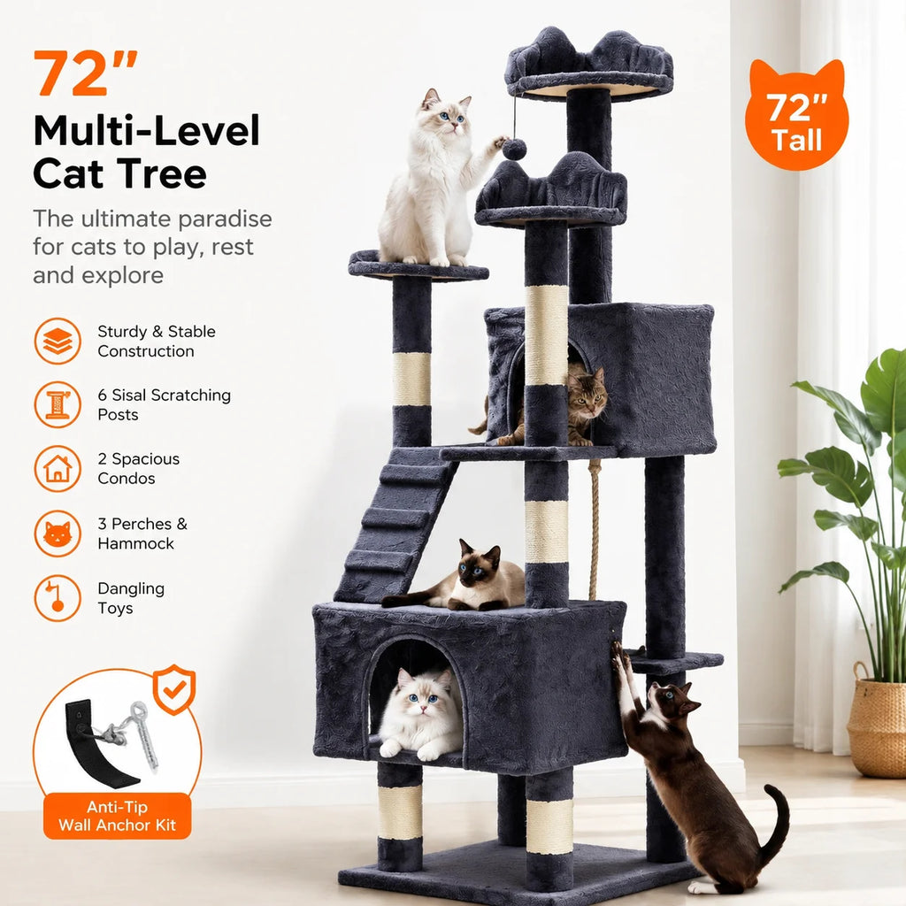 72" Cat Tree for Large Cats, Multi-Level Cat Tower with 6 Sisal Scratching Posts, 2 Condos, 3 Perches, Hammock & Dangling Toys, Sturdy Particle Board with Anti-Tip Kit, Dark Grey - Curl and Collar