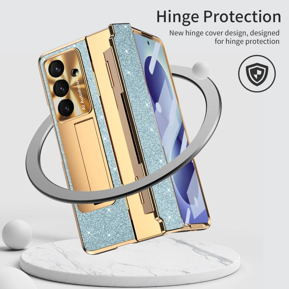 Crystal Glitter Leveling Hinges Anti Drop Case for Samsung Galaxy Z Fold 8 Ultra Zfold 8 Ultra 7 6 5 4 3 Camera Protector Cover - Curl and Collar