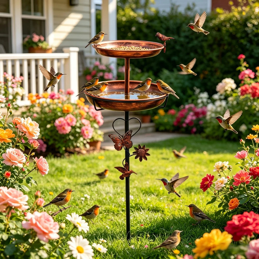 Outdoor Double-Layer Bird Feeder Birdbaths Bowl Freestanding Bird Bath Stand for Garden Yard Patio Decor with 5-Pronged Base - Curl and Collar