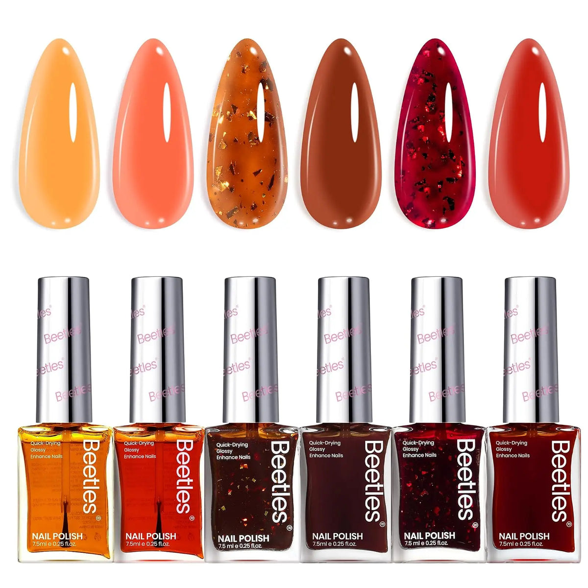 Beetles Fall Nail Polish Set, Golden Harvest 6 Colors Burgundy Red Brown Jelly Glitter Quick Dry for DIY Manicure - Curl and Collar