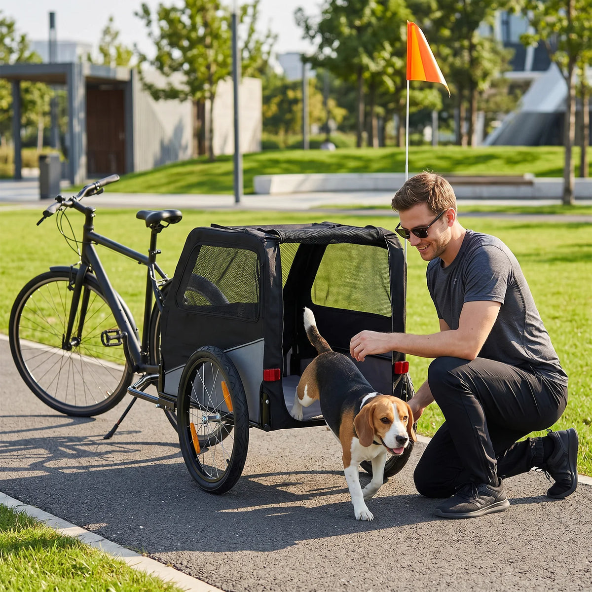 Foldable Dog Bike Trailer, Heavy Duty Steel Frame Pet Bike Carrier, 100 LBS Capacity Oxford Fabric Dog Carrier Bicycle Trailer with Mesh Window Reflectors for Medium Large Dogs & Cats, Black - Curl and Collar