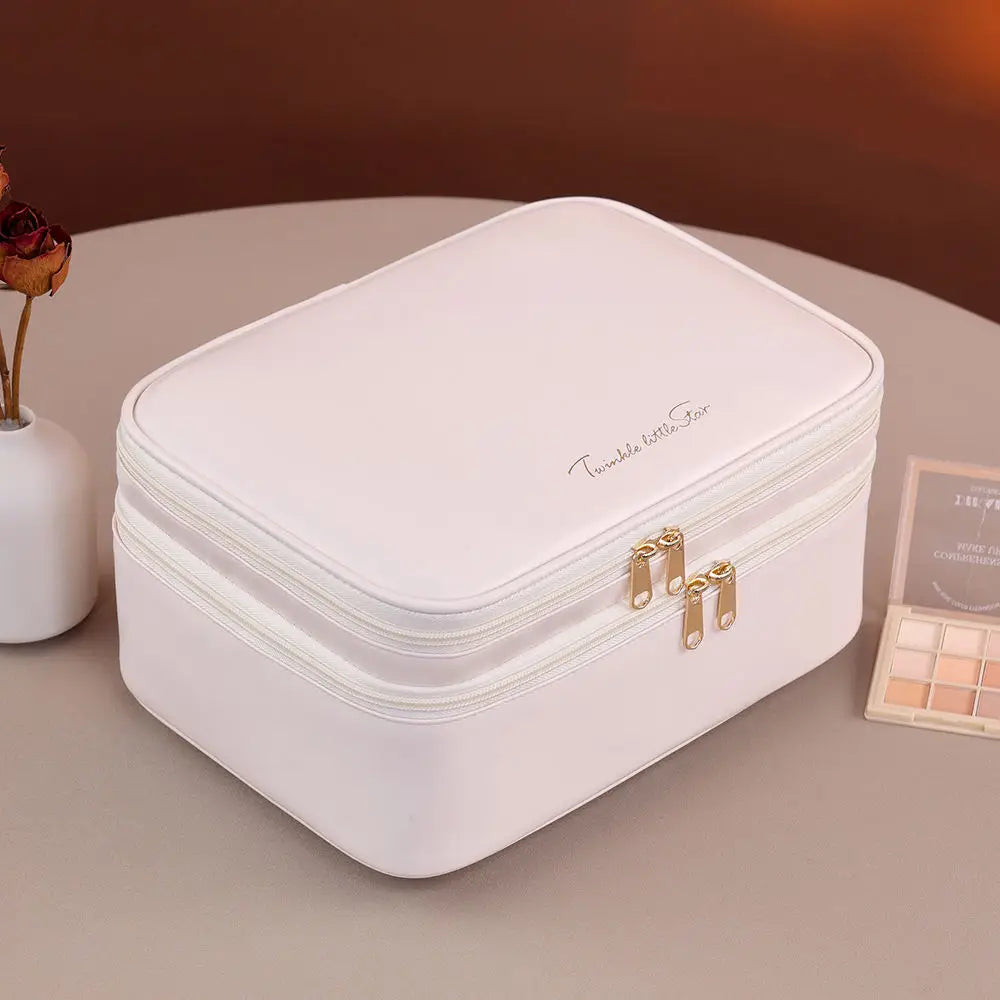 Multiple Compartments Large Capacity Cosmetic Organizer Case Portable Travel Toiletry Bag Double Layer Detachable Makeup Bag - Curl and Collar