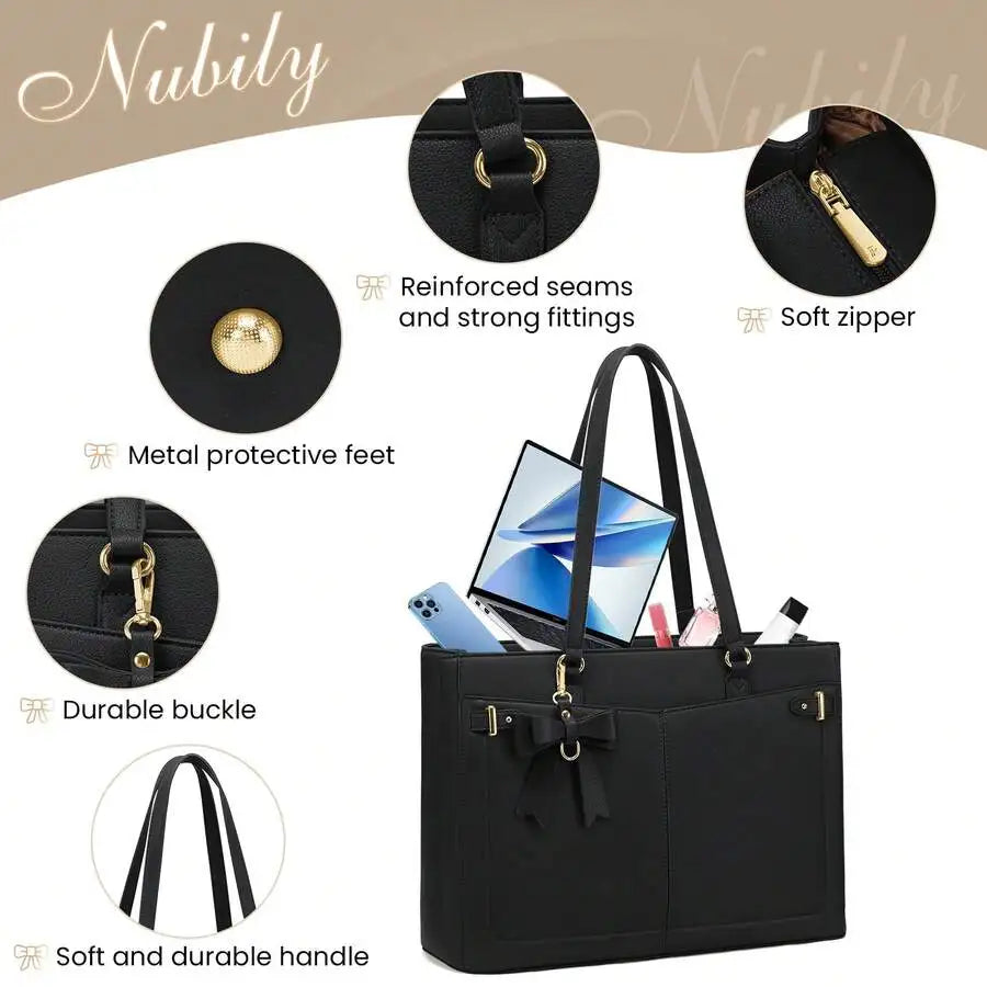NEWHEY Women's Handbag, Large Capacity PU Laptop Tote Bag, 14inch Waterproof, with Zipper Pocket - Curl and Collar