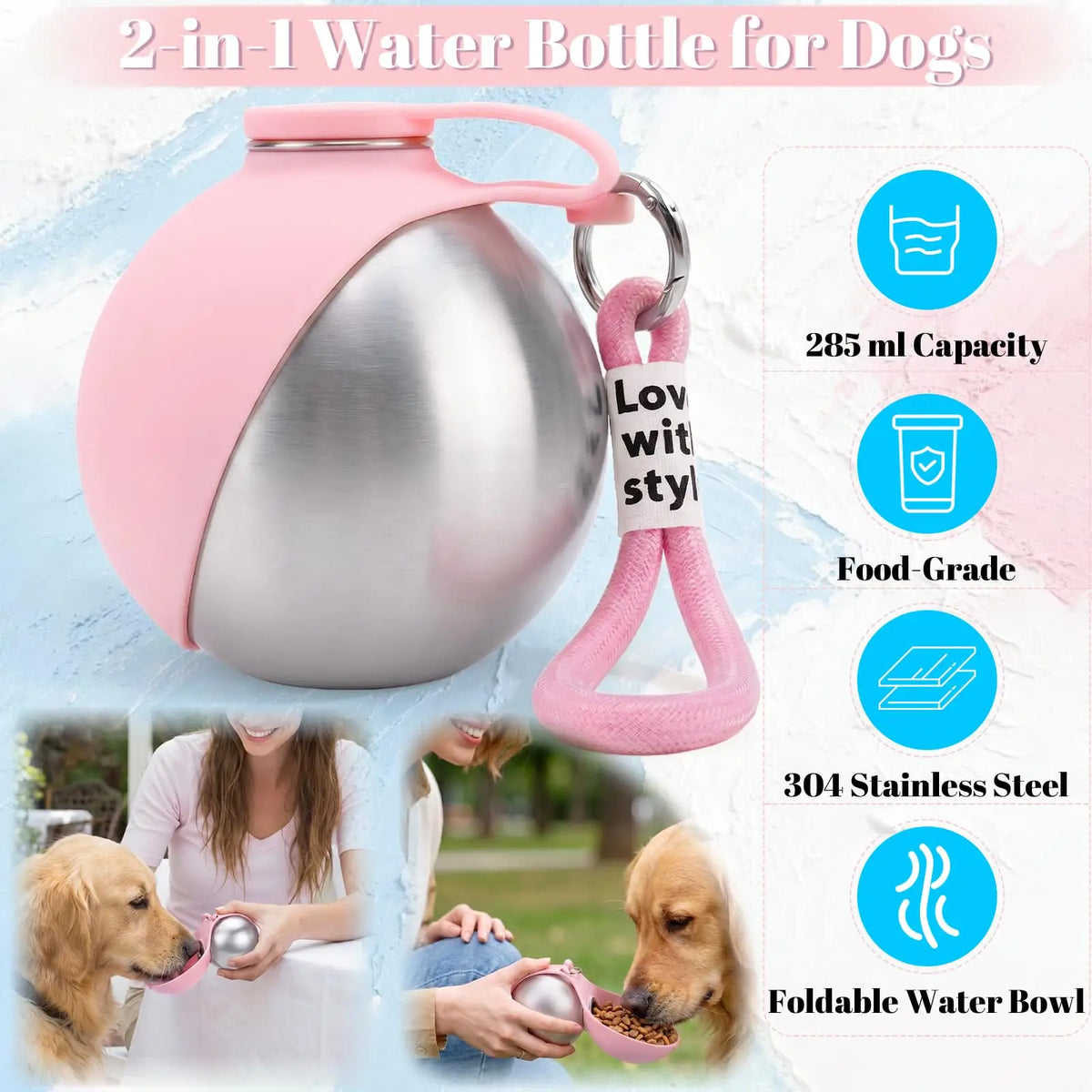 304 Stainless Steel Dog Water Bottle for Walking Pet Water Dispenser with Foldable Silicone Bowl Portable Dog Water Bottle Travel - Curl and Collar