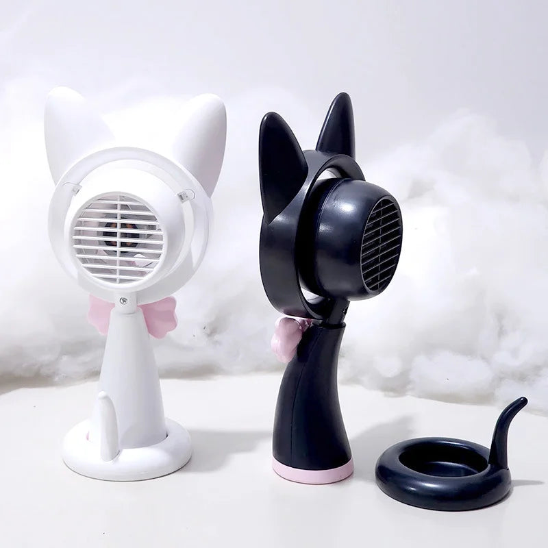 New Cat-Shaped Handheld Fan with Strong Wind, USB Charging, Suitable for Student Dormitories, Desktop Small Fan with Light - Curl and Collar