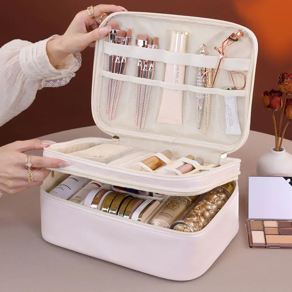 Multiple Compartments Large Capacity Cosmetic Organizer Case Portable Travel Toiletry Bag Double Layer Detachable Makeup Bag - Curl and Collar