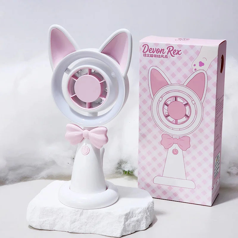 New Cat-Shaped Handheld Fan with Strong Wind, USB Charging, Suitable for Student Dormitories, Desktop Small Fan with Light - Curl and Collar